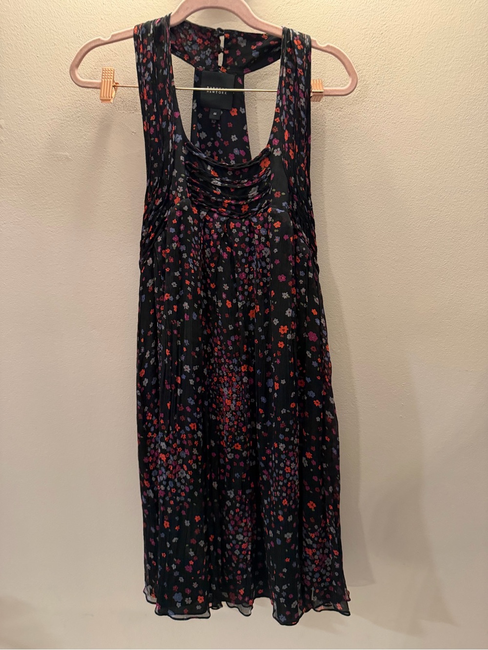 Barneys New York Black Ditsy Floral Pleated Chiffon Racerback Mini Dress size 8